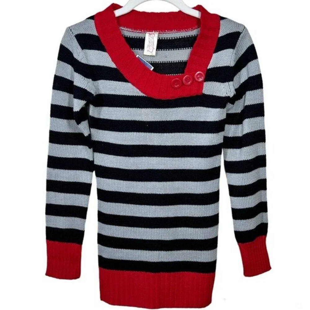 Chillipop Black stripes sweater  long sleeve asymmetric neckline size S (7-8)